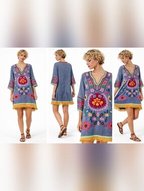 New Debbie Katz Embroidered Bohemian Tunic Dress Cotton Fringe Hem Statement P